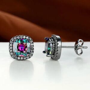 Women’s  Silver Tone Rainbow Mystical Fire‎ Topaz Fashion Stud Earrings